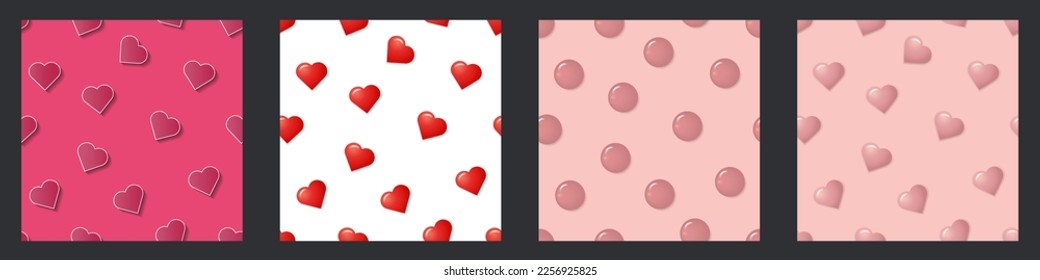 Set of Pink and Red 3d Hearts and Bubbles on colored background. Seamless and repeatable patterns. Editable Vector Illustration. EPS 10