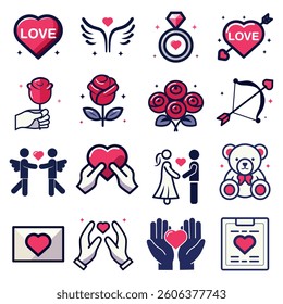 Set of pink, red, and blue icons, Valentine's Day icons, love symbols, cute style, flowers and teddy bears, Cupid's arrows and bow, vector.