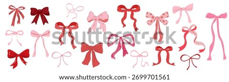 Set of pink and red bows in various shapes, styles coquette bows, gift ribbons, trendy hand drawn style. Cute hairstyle elements collection. Isolated clip arts for card, wedding, gifts, girls decor.