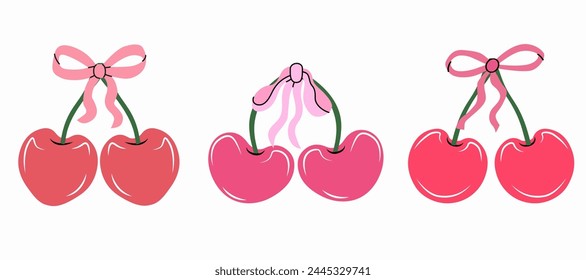 Set of pink and red cherries and bows. Gift ribbons in hand drawn and flat styles. Fashionable vector illustration. Coquette core cute trendy design. Girly accessories