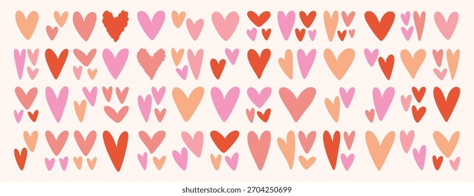 Set of pink and red cute heart shape doodles. Cute hand drawn heart icons for wedding and valentines day. Suitable for stickers, logos, posters, packaging and printable projects. Vector illustration.