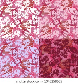 Set of pink and red floral backgrounds, seamless patterns. Vector illustration, watercolor imitation.