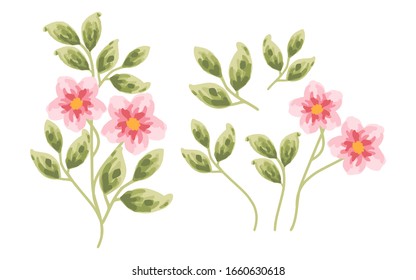 set of pink red flowers and green leaf element for wedding invitation, women's day, greeting card, flower logo, or floral icon
