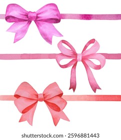 Set of pink and red gift bows isolated on white background. Watercolor decorative elements of bow and ribbon, vector illustration