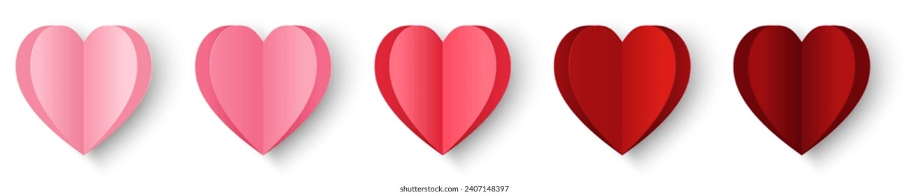 Set of pink and red gradient papercut hearts isolated on white background. Vector illustration. Paper-cut heart decorations. Valentine's Day