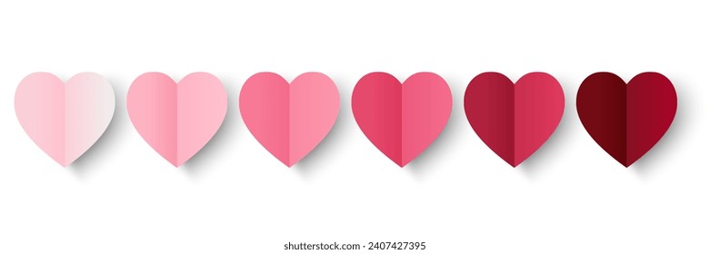 Set of pink, red gradient papercut hearts isolated on white background. Vector illustration. Design for decorations Valentine's Day card, web, banner.