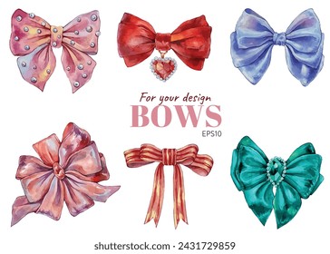 Set of Pink, Red and Green bow in watercolor style. Hand drawing decorative bow elements vector illustration. Watercolor illustration of Festive elements for cards, invitation, scrapbooking.