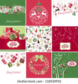 Set of pink, red and green Christmas Cards templates