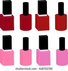 set of pink and red nail Polish in glass bottles isolated on white