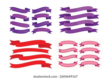 A set of pink, red and purple ribbon banners in a vector illustration with unique shapes and three-dimensional effects. set of colorful ribbons