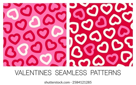 Set of pink and red simple heart shaped line seamless pattern design for Valentine's Day.