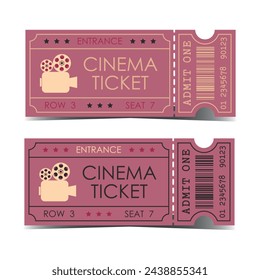 Set of pink retro cinema tickets. Vector movie theatre vintage illustration. Templates collection