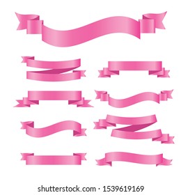 Set of pink ribbon banners. Collection of scroll elements. Vector illustration.