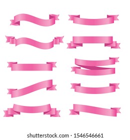 Set of pink ribbon banners. Collection of scroll elements. Vector illustration.