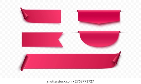 Set Of Pink Ribbon Banners With Folded Paper Shapes Isolated On Transparent Background
