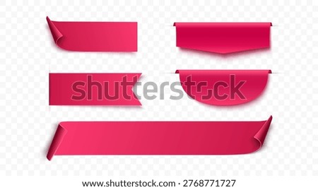 Set Of Pink Ribbon Banners With Folded Paper Shapes Isolated On Transparent Background