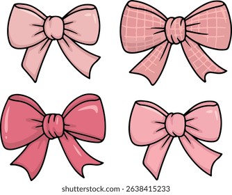 Set of pink ribbon bows. Pink Bow Illustration Set. Cute Hair Bow Collection. Variety of Pink Bows. A set of pretty pink bows for girls. Cute coquette bow collection vector