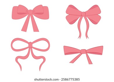 Set of pink ribbon bows hand drawn. Coquette aesthetics. Isolated vector illustration