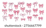 Set of pink ribbon bows on a white background. Pink girly vintage bow set. coquette bow for hair decor flat. Trendy girls accessories.