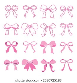 Set of pink ribbon bows in vector illustration with outline and flat color options. Hand-drawn in a minimalist style, these isolated designs are perfect for easy use.