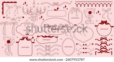 Set of pink ribbon frames in vintage style. Trendy coquette decoration elements, ribbons, bows for romantic designs, greeting cards, wedding invitations, valentine postcards, banner fashions.