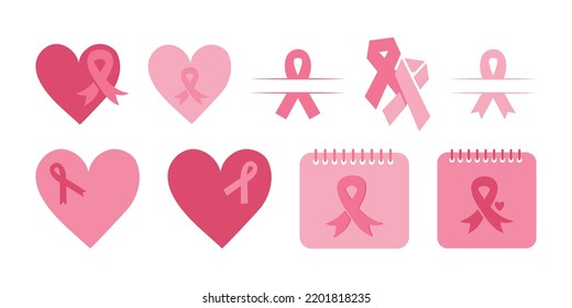 Set Of Pink Ribbon And Heart Icons. Pink October, Breast Cancer Awareness Sign And Symbol. Awareness Ribbons For Nursing Mothers, Birth Parents And Breast Reconstruction Awareness.