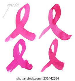 Set Of  Pink Ribbon, Symbol Of  Breast Cancer In A Watercolor Style. Vector.