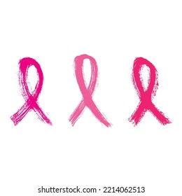 Set of pink ribbons cancer control symbol. Brush strokes.