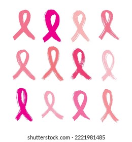 Set of pink ribbons cancer control symbol. Brush strokes.