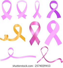 A set of pink ribbons with a focus on breast cancer awareness and support. Cancer Ribbon Set in Pink, Purple and Yellow. World Cancer Day.