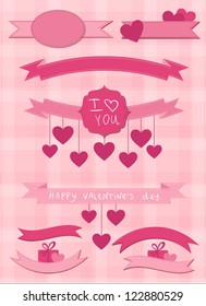 Set of pink ribbons and labels, happy valentine's day. Vector background