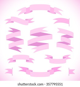 Set of pink ribbons. Modern flat icons. Vector illustration.