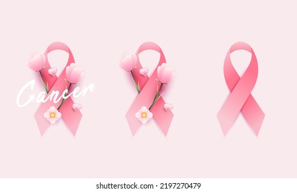 set of pink ribbons on a white background, suitable for women's day and cancer day design elements