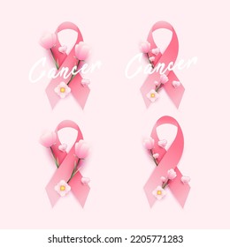 set of pink ribbons on a white background, suitable for women's day and cancer day design elements