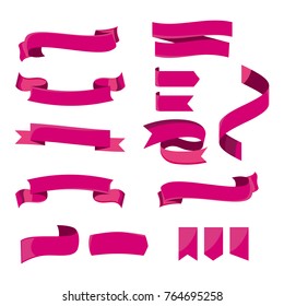 Set of pink ribbons on white background. Vector illustration. 