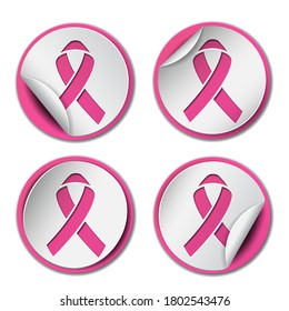 Set of pink ribbons symbols for breast cancer awareness on paper stickers. Vector illustration isolated on white background