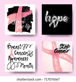 Set of pink ribbons symbols and cards for October breast cancer awareness month. Collection of hand drawn breast cancer awareness month inspirational quotes. Vector.