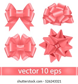  Set of pink ribbons tied in bows lush. Vector festive decorations. Realistic vector bow. Pink bow girl gift.