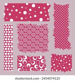 Set of pink ribbons. Washi tapes collection with pattern in vector. Pieces of decorative tape for scrapbooks. Set of vintage labels. Holiday, Christmas, New Year, card, invitation. Polka dot pattern