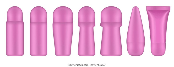 Set of pink roller ball bottles. Body antiperspirant deodorant roll-on, closed blank bottles with screw cap. Realistic vector mockup	