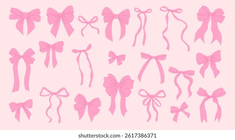 Set of pink romantic coquette bows on a pink background. Vector illustration