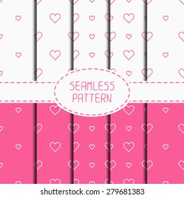 Set of pink romantic geometric seamless pattern with hearts. Collection of wrapping paper. Scrapbook paper. Tiling. Vector illustration. Background. Graphic texture. Valentines day.