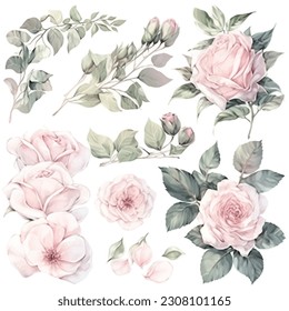 set of pink rose floral watercolor, pink flower, rose flower. Floral poster, invitation floral. Vector arrangements for greeting card or invitation design	