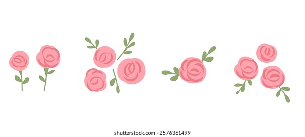 Set of pink rose flower with green branches icon sign isolated on white background vector.