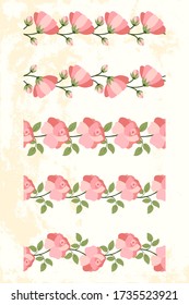 Set of pink rose seamless border on light yellow textured background. Elegant green floral pattern. Wedding flowerl decoration. Vector template.