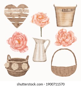  Set of pink roses and wooden objects
