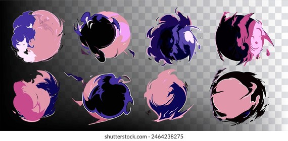 Set with pink round dust clouds in anime cartoon style. Collection of vector elements perfect for depicting fights and explosions.