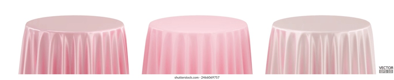 Set of pink Round Table with Tablecloth Isolated on white Background. Meeting room table clothes. Pink tablecloths in various fabrics. 3D vector illustration.