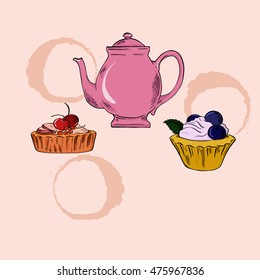 Set of pink round teapot and sweet pastries on pastel beige background. Hand drawn vector illustration.