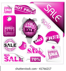 Set of pink sale tickets, labels, stamps, stickers, corners, tags